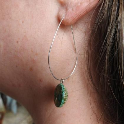 Green Resin Droplet Hoop Earrings With Real..