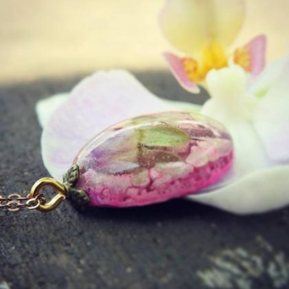 Pink And Gold Resin Pendant With Real Rosebud..