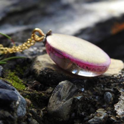 Pink And Gold Resin Pendant With Real Rosebud..