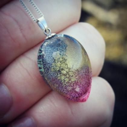 Colourful Pink, Blue And Gold Resin Pendant..