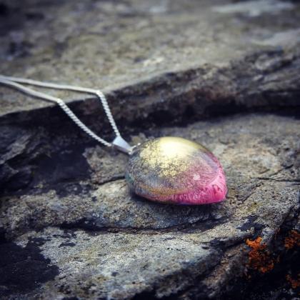 Colourful Pink, Blue And Gold Resin Pendant..