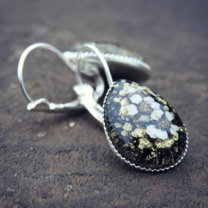 Black And Gold Resin Latch Back Earrings With Real..