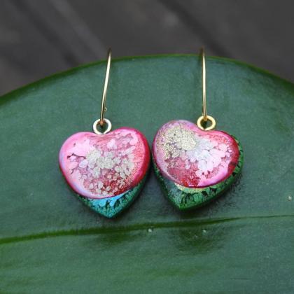 Pink And Green Heart-shaped Resin Earrings With..