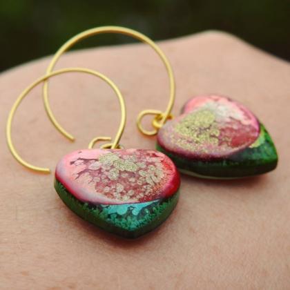 Pink And Green Heart-shaped Resin Earrings With..
