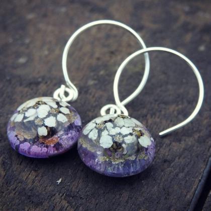 Purple And Gold Resin Hoop Earrings With Real..