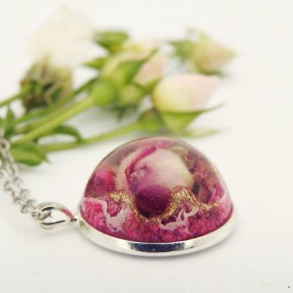 Pink And Gold Resin Pendant With Real Rosebud