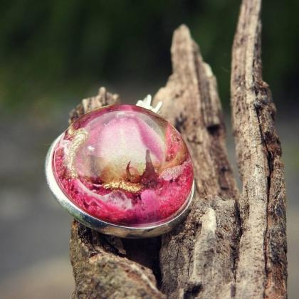 Pink And Gold Resin Pendant With Real Rosebud