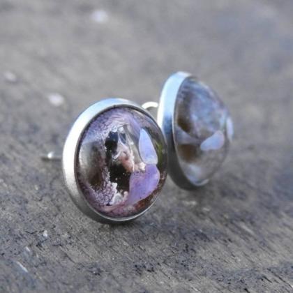 Grey And Purple Petri Dish Resin Stud Earrings