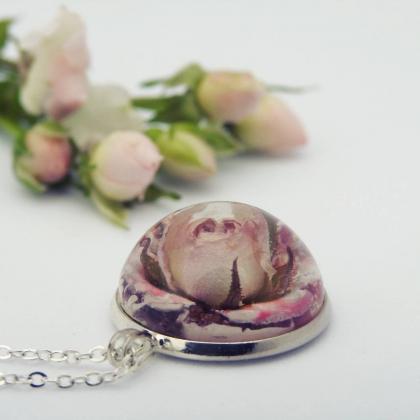 Pink Resin Pendant With Real Rosebud