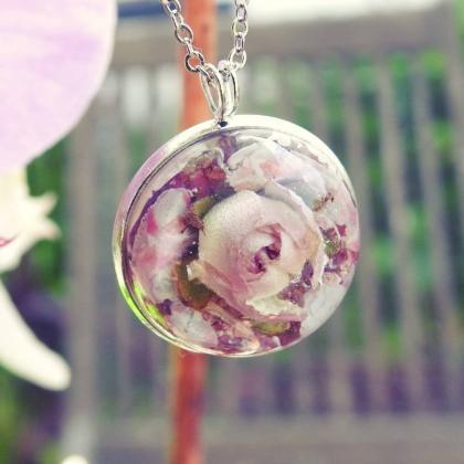 Pink Resin Pendant With Real Rosebud