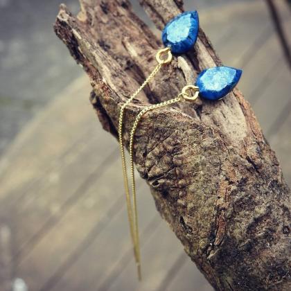 Tiny Navy Blue Resin Threader Earrings With..