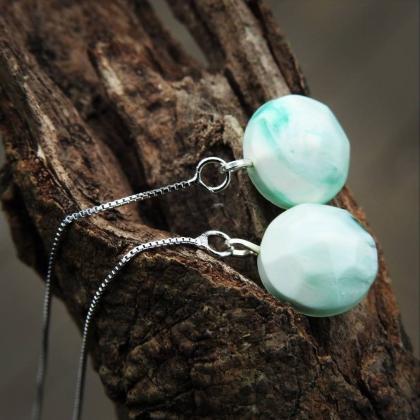 Tiny White And Green Resin Threader Earrings With..