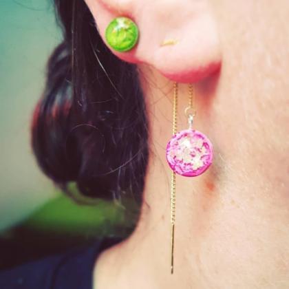 Tiny White And Green Resin Threader Earrings With..