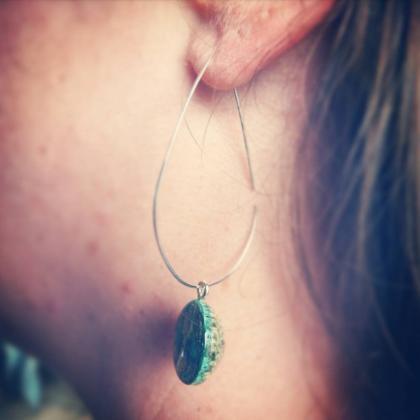 Green Petri Dish Resin Hoop Earrings With Real..