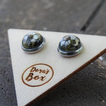 Black And Gold Resin Stud Earrings With Real..