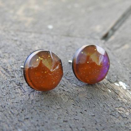 Amber And Pink Iridescent Resin Stud Earrings With..