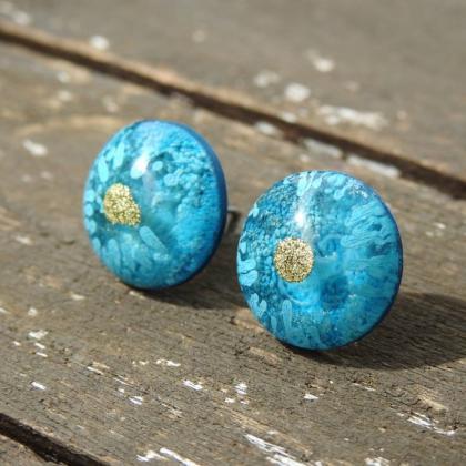 Blue And Gold Resin Stud Earrings