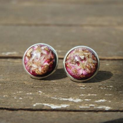 Pink And Gold Resin Stud Earrings With Real..