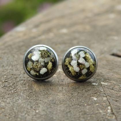 Black And Gold Resin Stud Earrings With Real..