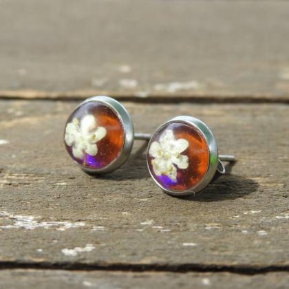 Dark Pink Iridescent Resin Stud Earrings With Real..