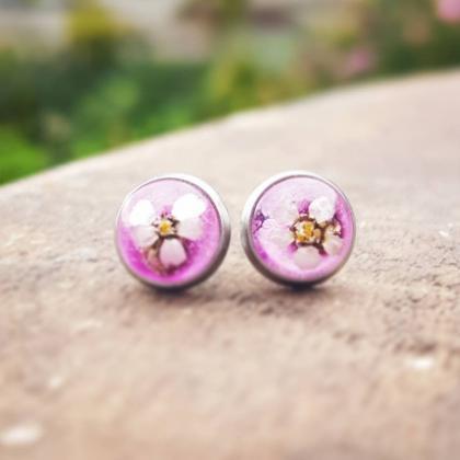 Pink Resin Stud Earrings With Real Flowers