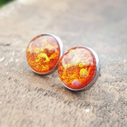 Orange And Gold Petri Dish Resin Stud Earrings