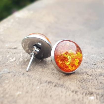 Orange And Gold Petri Dish Resin Stud Earrings