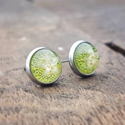 Green Resin Stud Earrings With Real Flowers