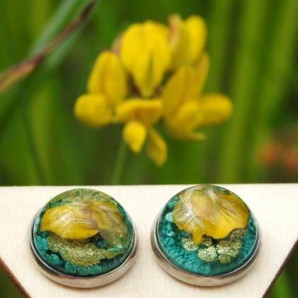 Green And Gold Resin Stud Earrings With Real..