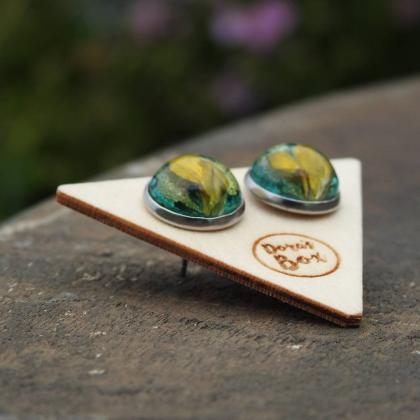 Green And Gold Resin Stud Earrings With Real..