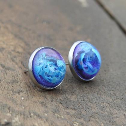 Blue And Purple Petri Dish Resin Stud Earrings
