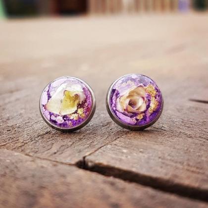 Purple And Gold Resin Stud Earrings With Real..