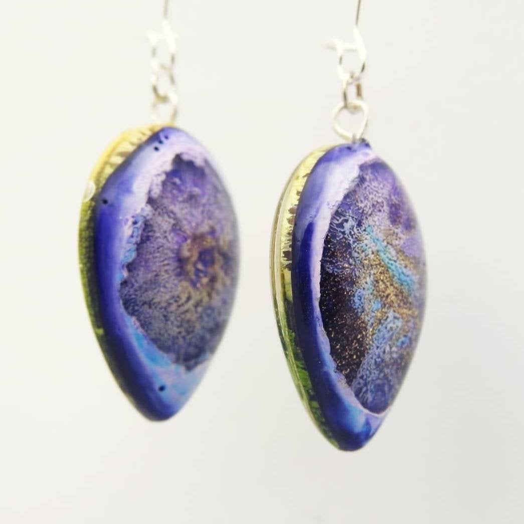 Colourful Blue, Purple And Gold Petri Dish Resin Closed Kidney Hoop Earrings