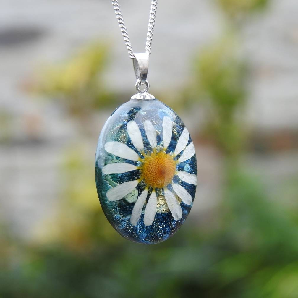 Blue Resin Pendant Necklace With Real Chamomile Flower And Sterling Silver Chain
