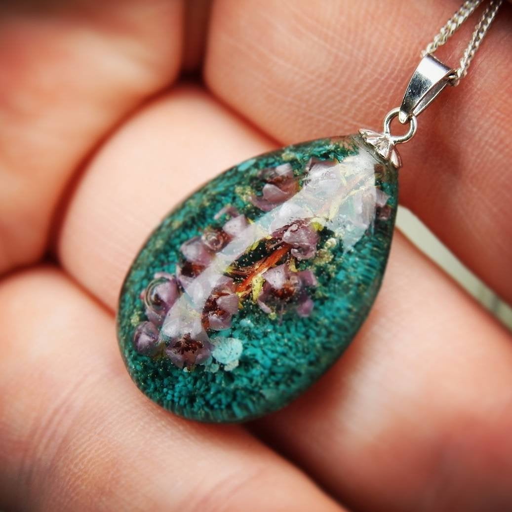 Green Resin Pendant Necklace With Real Heather Flower And Sterling Silver Chain