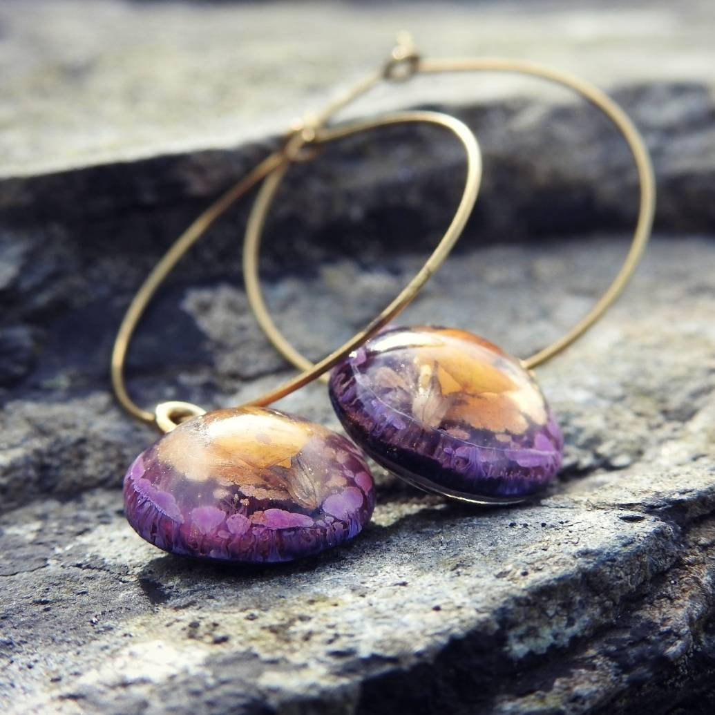 Purple Resin Hoop Earrings With Real Flowers