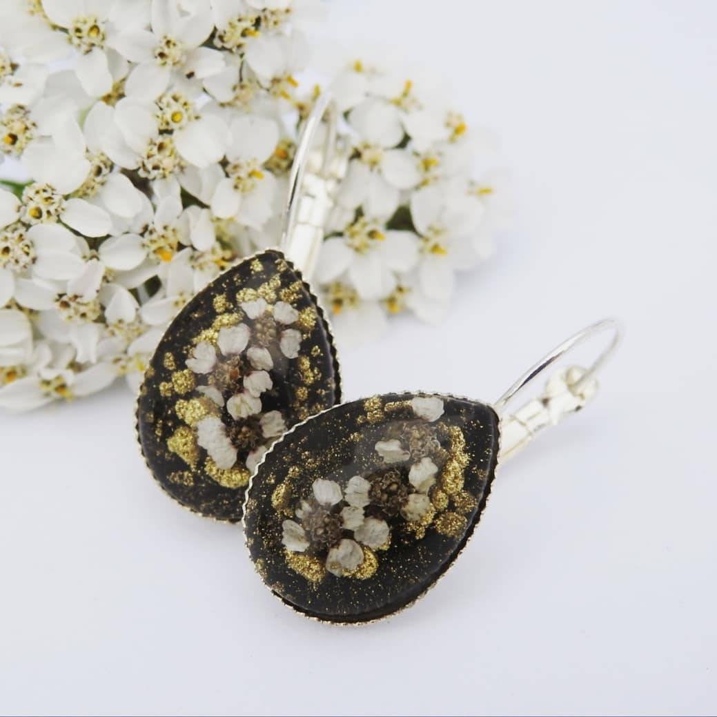 Black And Gold Resin Latch Back Earrings With Real Flowers