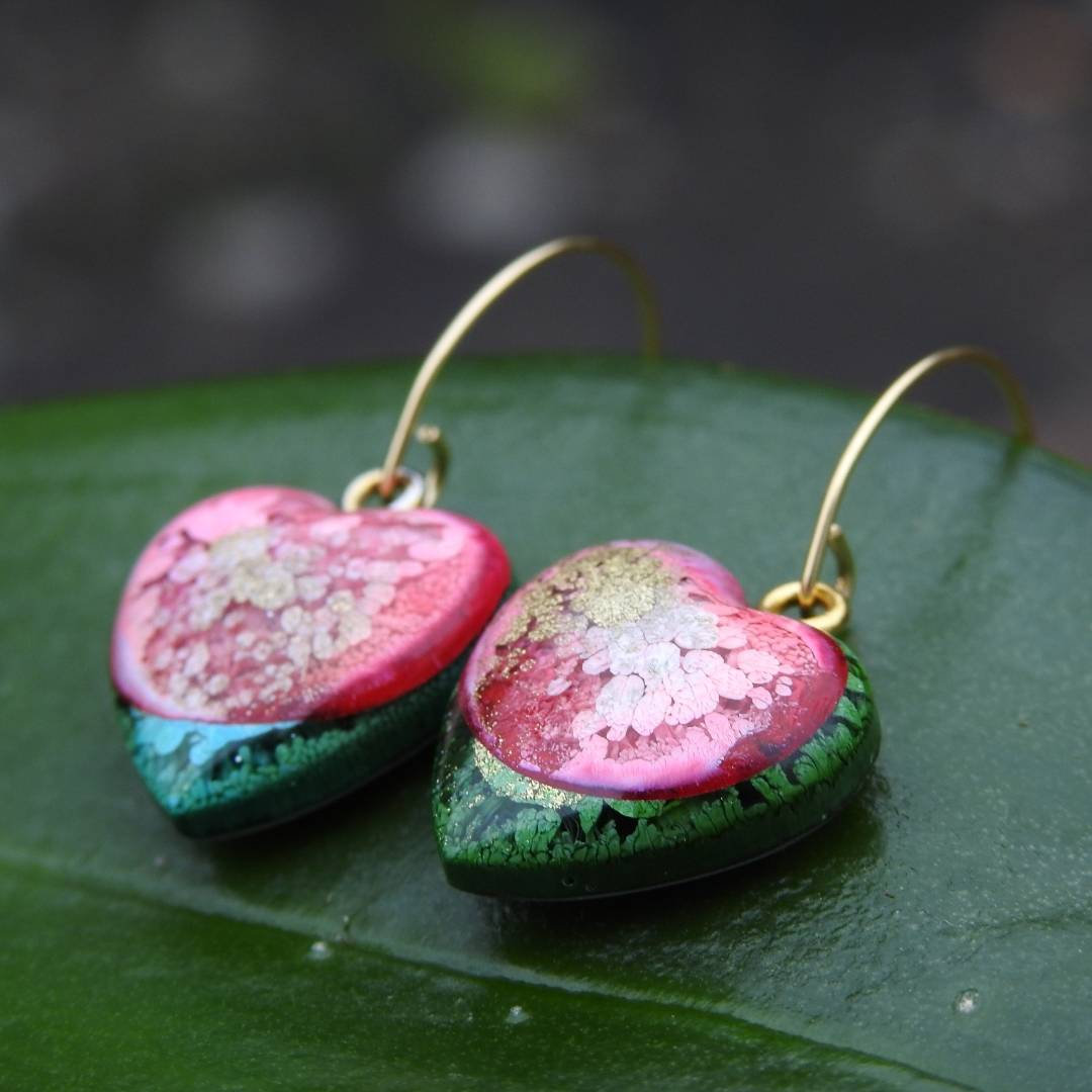 Pink And Green Heart-shaped Resin Earrings With Small Open Gold Hoops