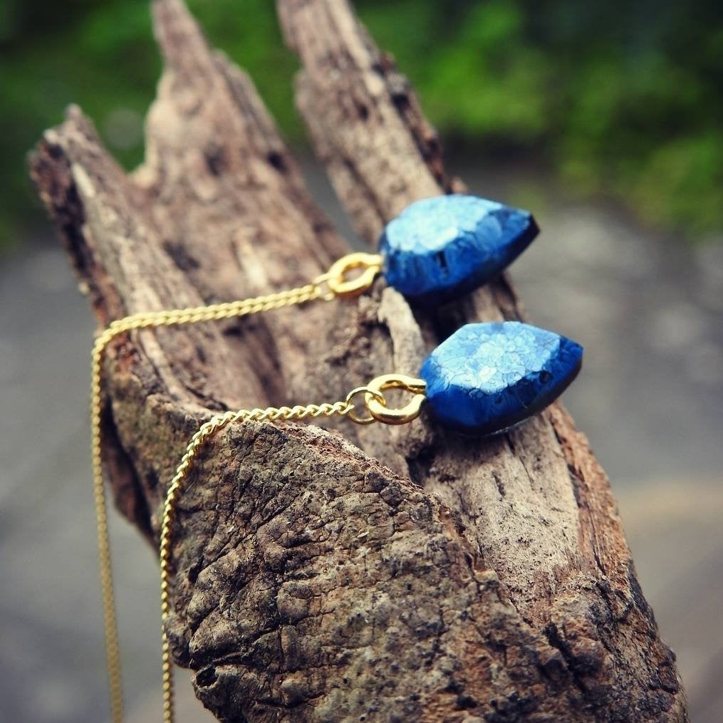 Tiny Navy Blue Resin Threader Earrings With Gold-plated Sterling Silver Threader Chains
