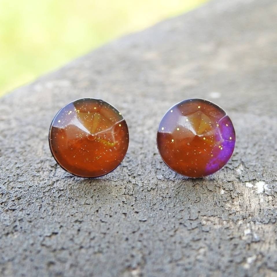 Amber And Pink Iridescent Resin Stud Earrings With Gold Glitter