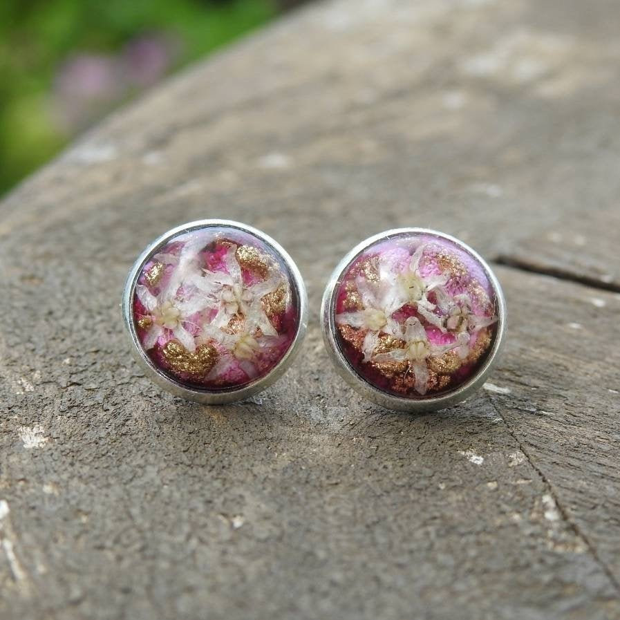 Pink And Gold Resin Stud Earrings With Real Flowers
