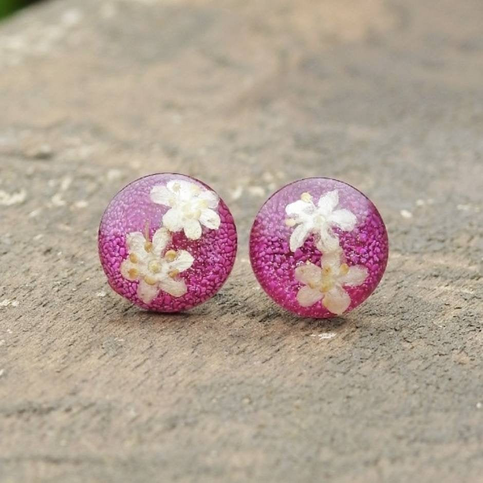 Pink Resin Stud Earrings With Real Flowers