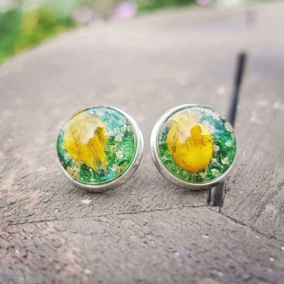 Green And Gold Resin Stud Earrings With Real Flowers