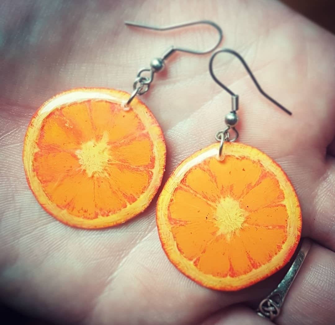 Hand-Painted Orange Slice Resin Dangle Earrings