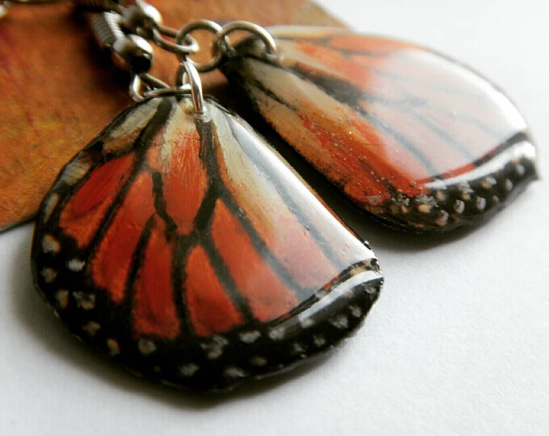 Hand-painted Red Monarch Butterfly Wing Resin Dangle Earrings