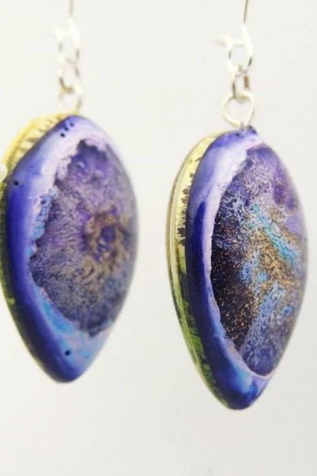 Colourful Blue, Purple And Gold Petri Dish Resin Closed Kidney Hoop Earrings