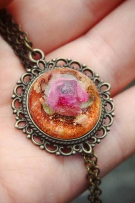 Orange Petri Dish Resin Pendant Necklace With Real Rosebud