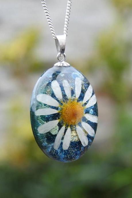 Blue Resin Pendant Necklace with Real Chamomile Flower And Sterling Silver Chain