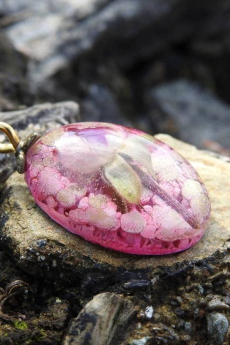Pink And Gold Resin Pendant With Real Rosebud Flower