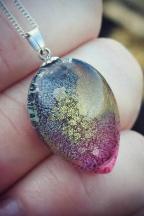 Colourful Pink, Blue And Gold Resin Pendant Necklace with Sterling Silver Chain
